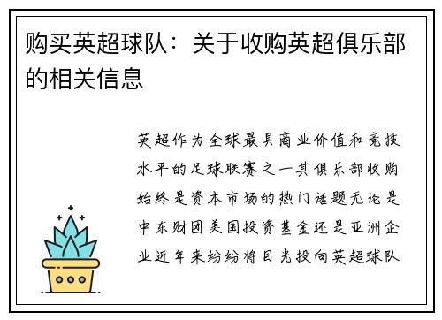 购买英超球队：关于收购英超俱乐部的相关信息