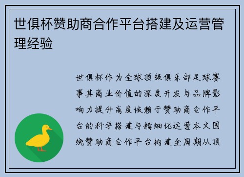世俱杯赞助商合作平台搭建及运营管理经验
